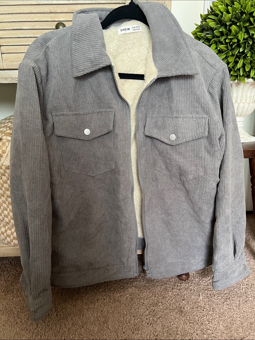 SHEIN Light Gray Corduroy Jacket with Cream Sherpa Lining - Picture 4 of 6